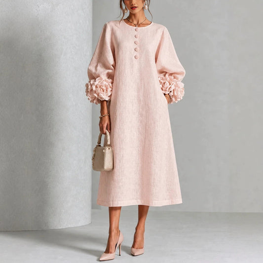 💝💝Floral Midi Dress with Rose-Cuff Sleeves