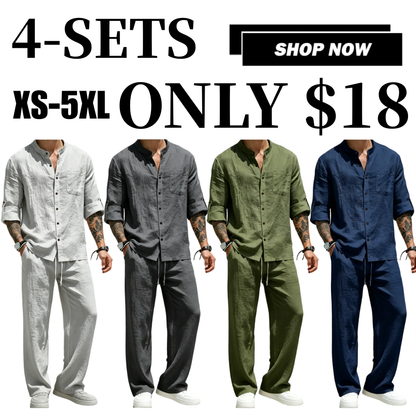 💚Men's Linen Stand Collar Long Sleeve Button Shirt & Straight Leg Belted Pants Set