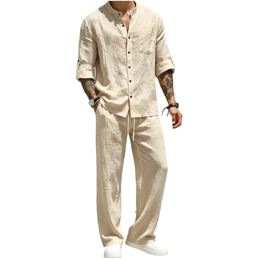 💚Men's Linen Stand Collar Long Sleeve Button Shirt & Straight Leg Belted Pants Set