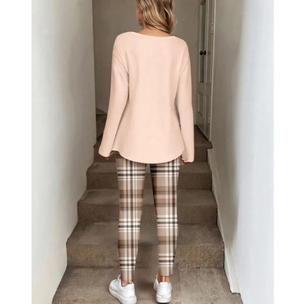 💚Women's 2-Piece Lounge Set – Long Sleeve Top & Plaid Leggings
