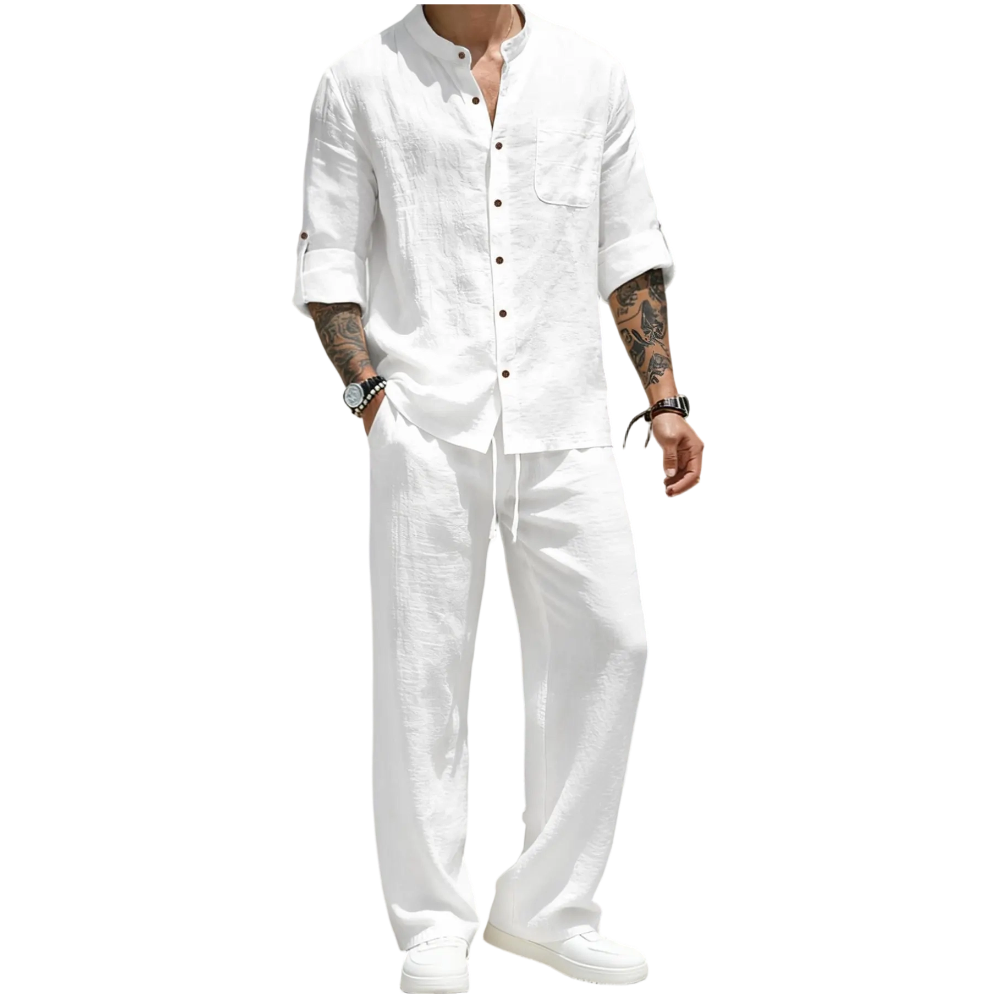 💚Men's Linen Stand Collar Long Sleeve Button Shirt & Straight Leg Belted Pants Set