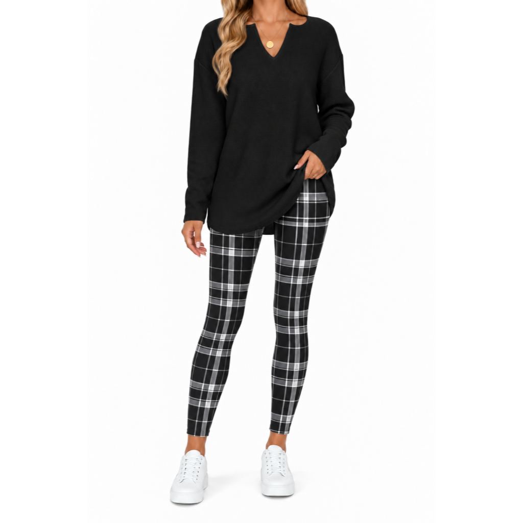 💚Women's 2-Piece Lounge Set – Long Sleeve Top & Plaid Leggings