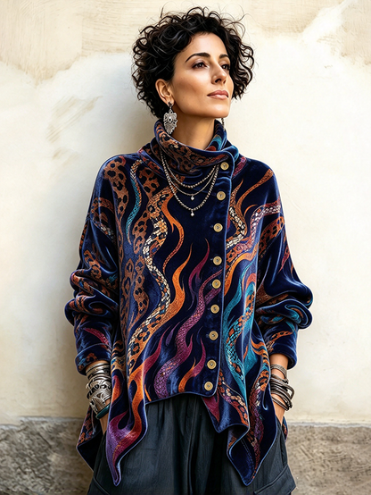 💝💝Vintage Abstract Flame And Animal Print Asymmetrical Turtleneck Top