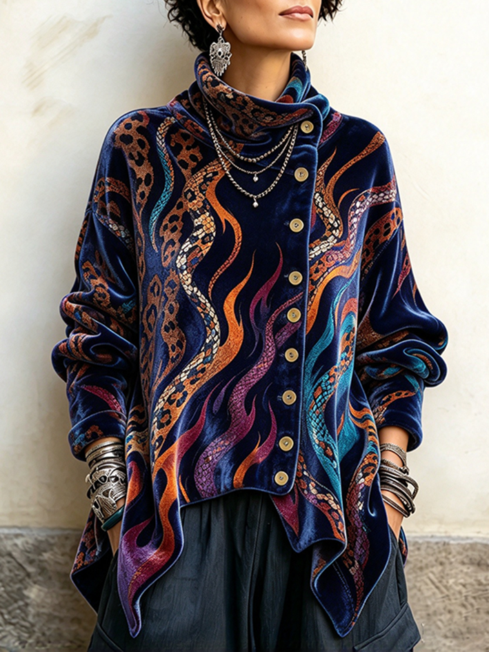 💝💝Vintage Abstract Flame And Animal Print Asymmetrical Turtleneck Top