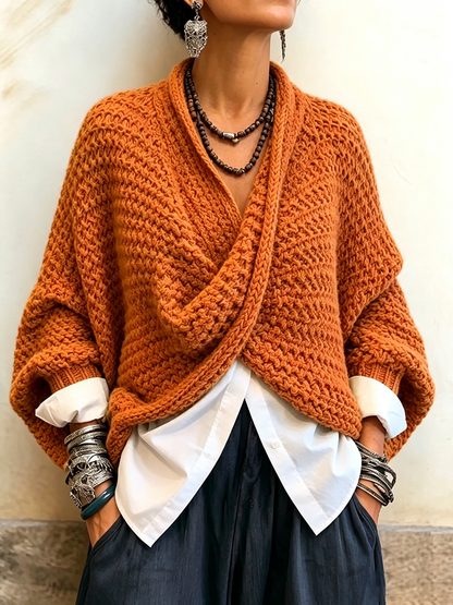 💝💝Cozy Relaxed Batwing Sleeves Crossover V-neck Sweater