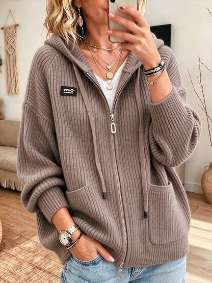 💝💝Cozy And Casual Ribbed Knit Zip-up Hooded Cardigan