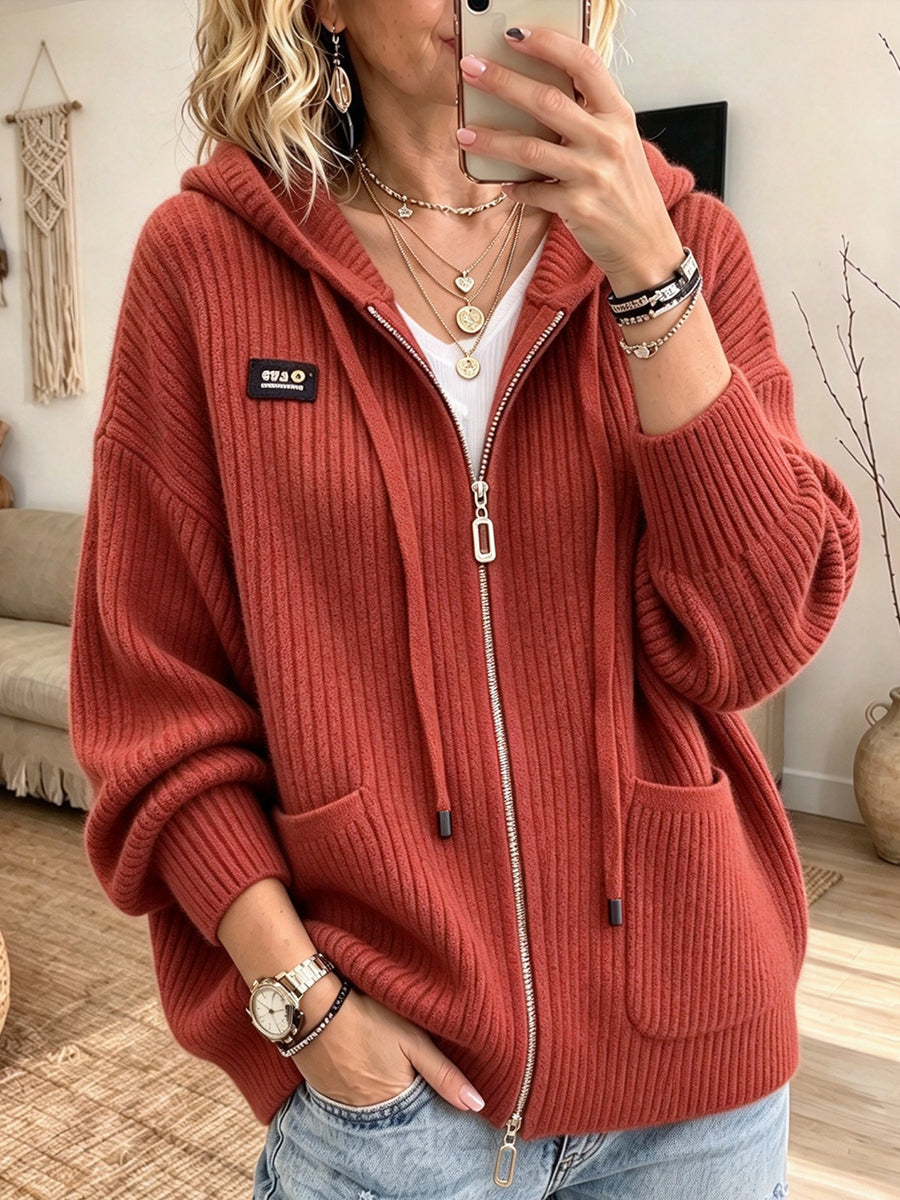 💝💝Cozy And Casual Ribbed Knit Zip-up Hooded Cardigan