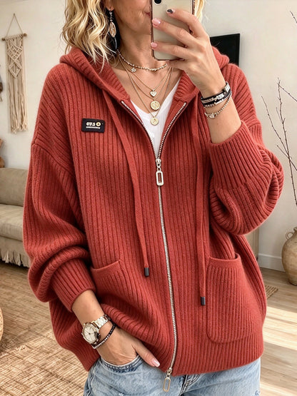 💝💝Cozy And Casual Ribbed Knit Zip-up Hooded Cardigan