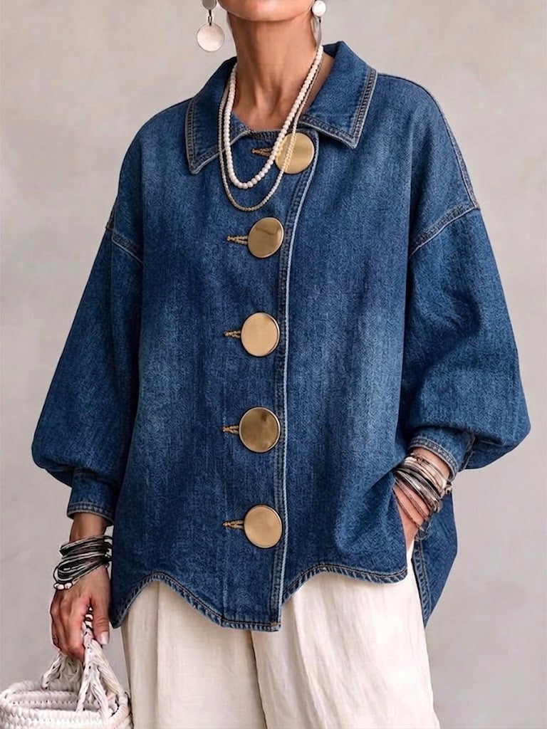 💝💝Collared Oversized Denim Jacket With Large Metal Buttons