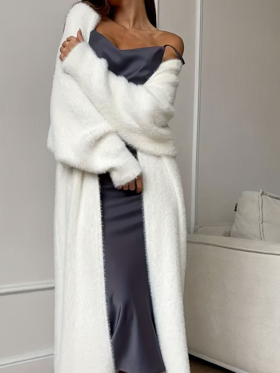 Women's Faux Mink Knit Cardigan | Cozy Long Fleece Sweater Coat