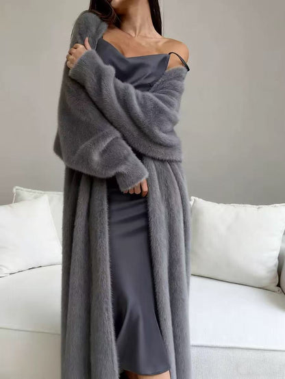 Women's Faux Mink Knit Cardigan | Cozy Long Fleece Sweater Coat